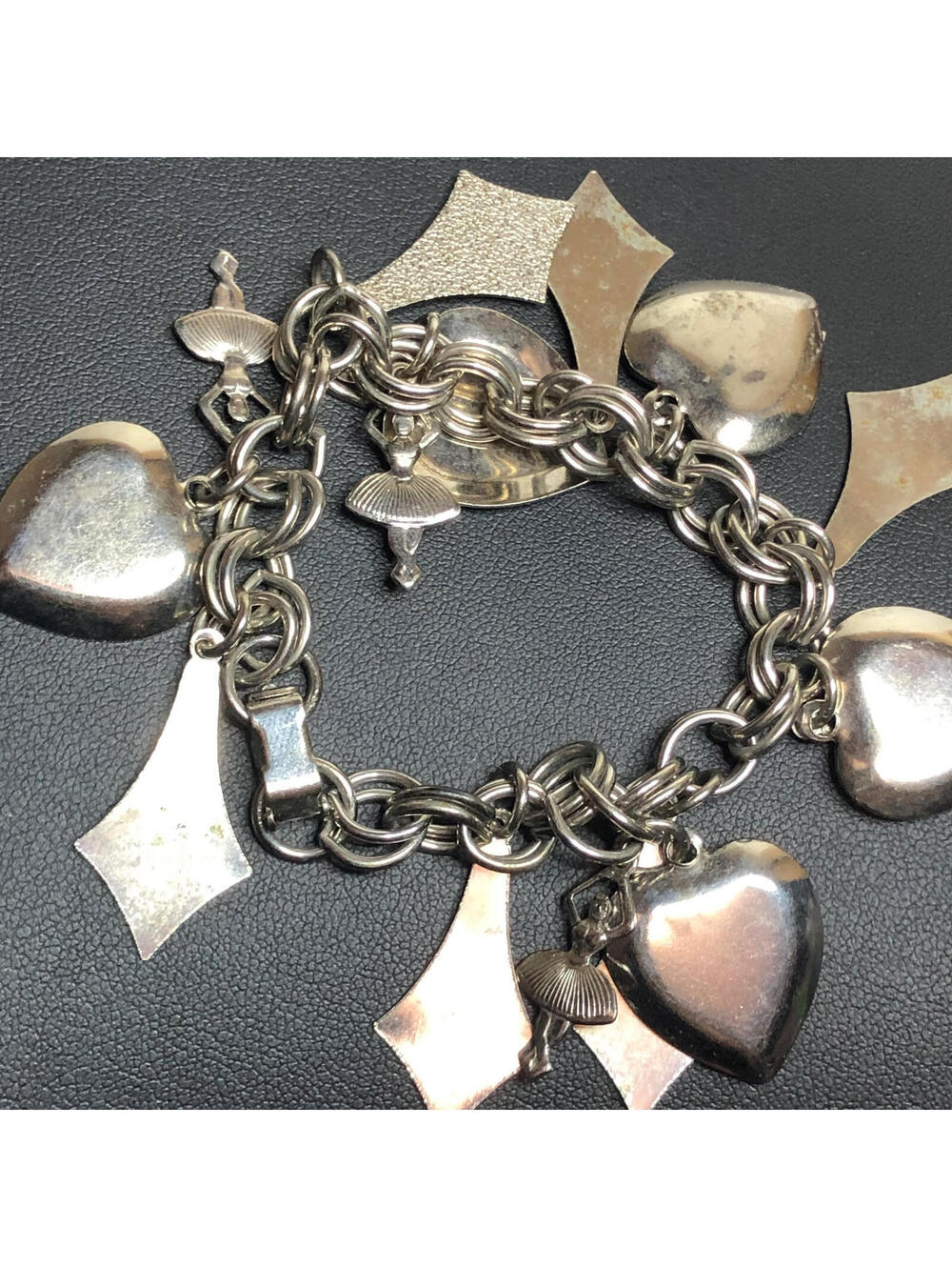 3948 Vintage Hearts kite shape ballerina dancer silver tone charm Bracelet 6.5"